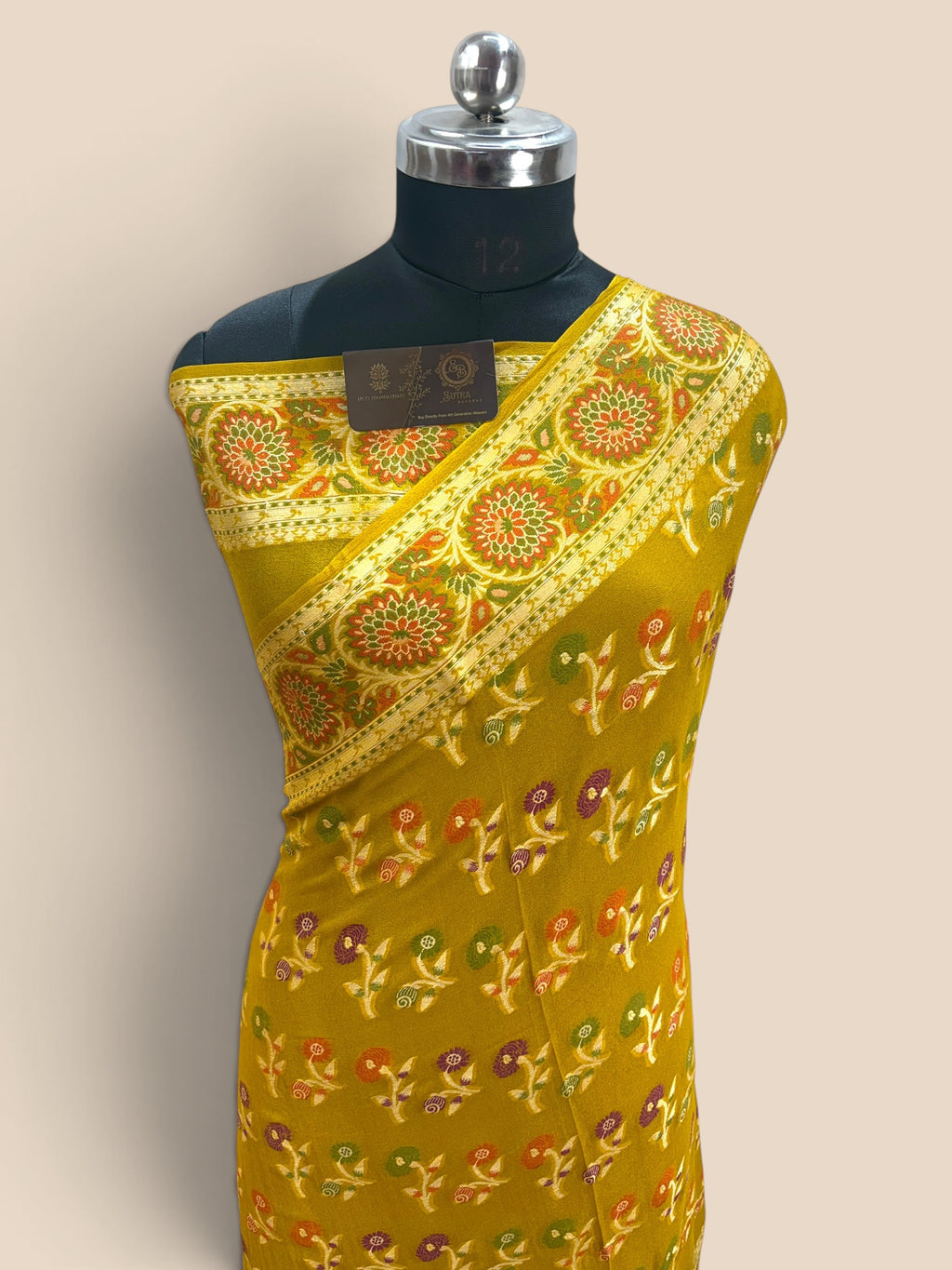 Yellow Pure Khaddi Chiffon Silk Banarasi Saree - Floral Motifs