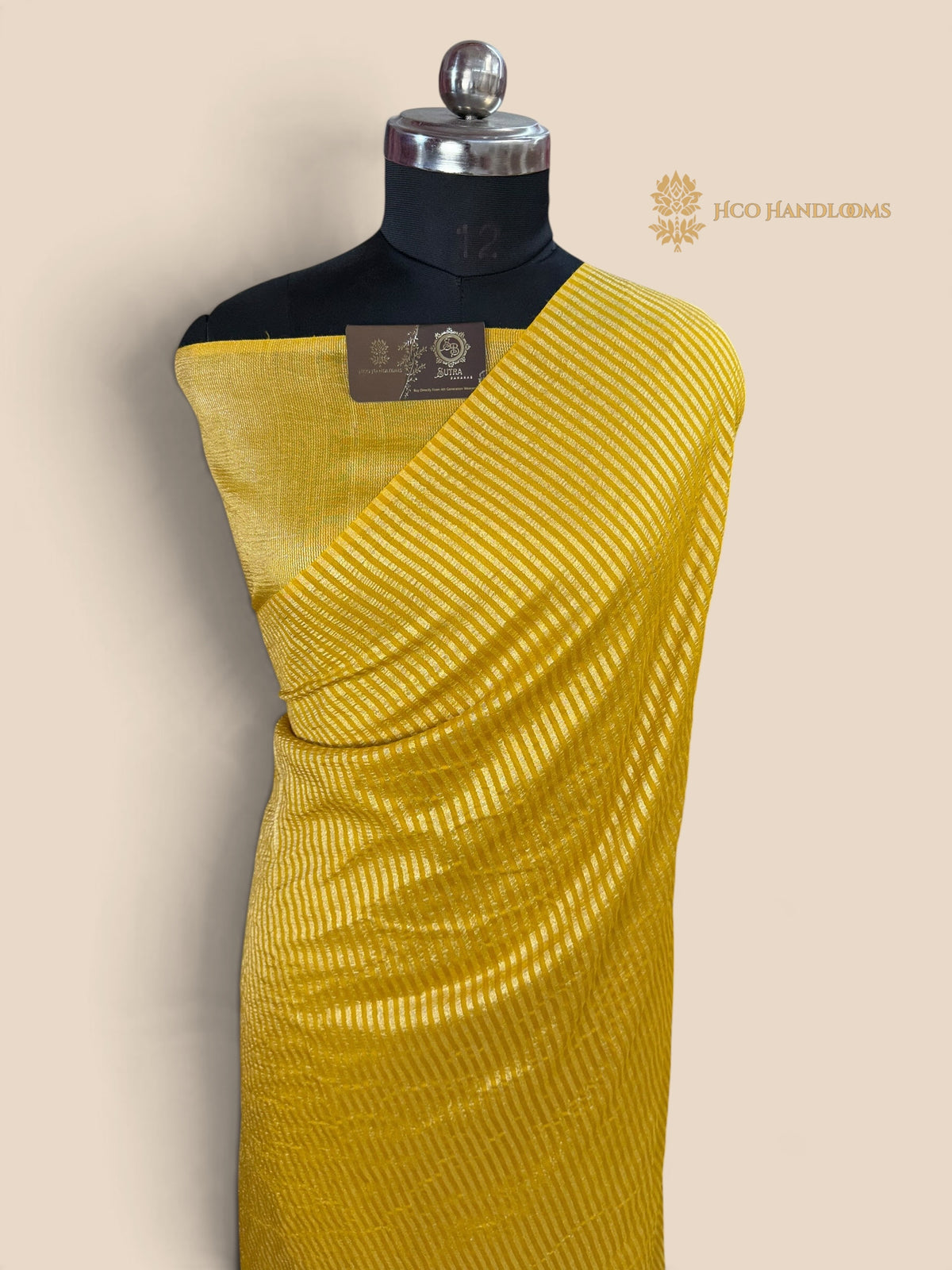 Gold Pure Moonga Silk Handloom Banarasi Saree - All Over Stripes
