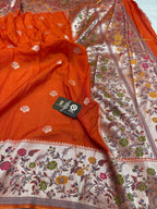 Orange Matka Tussar Silk Banarasi Saree - All Over Motifs & Paithani