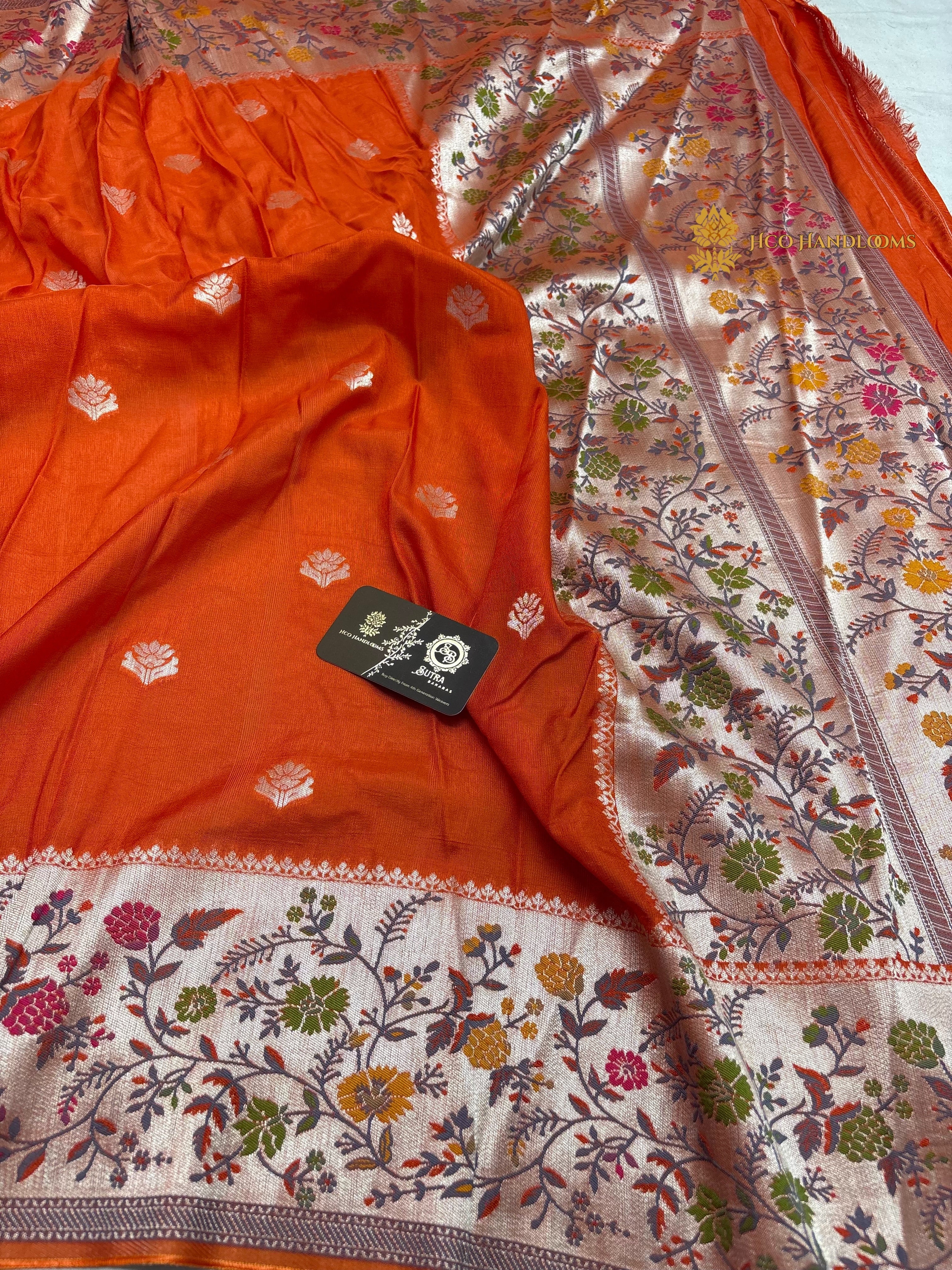 Orange Matka Tussar Silk Banarasi Saree - All Over Motifs & Paithani