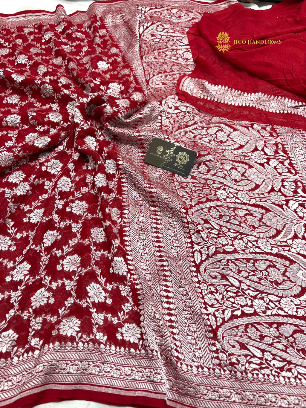 Red Pure Khaddi Georgette Silk Handloom Banarasi Saree - All Over Jaal