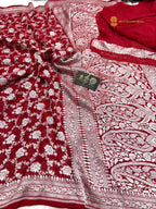 Red Pure Khaddi Georgette Silk Handloom Banarasi Saree - All Over Jaal