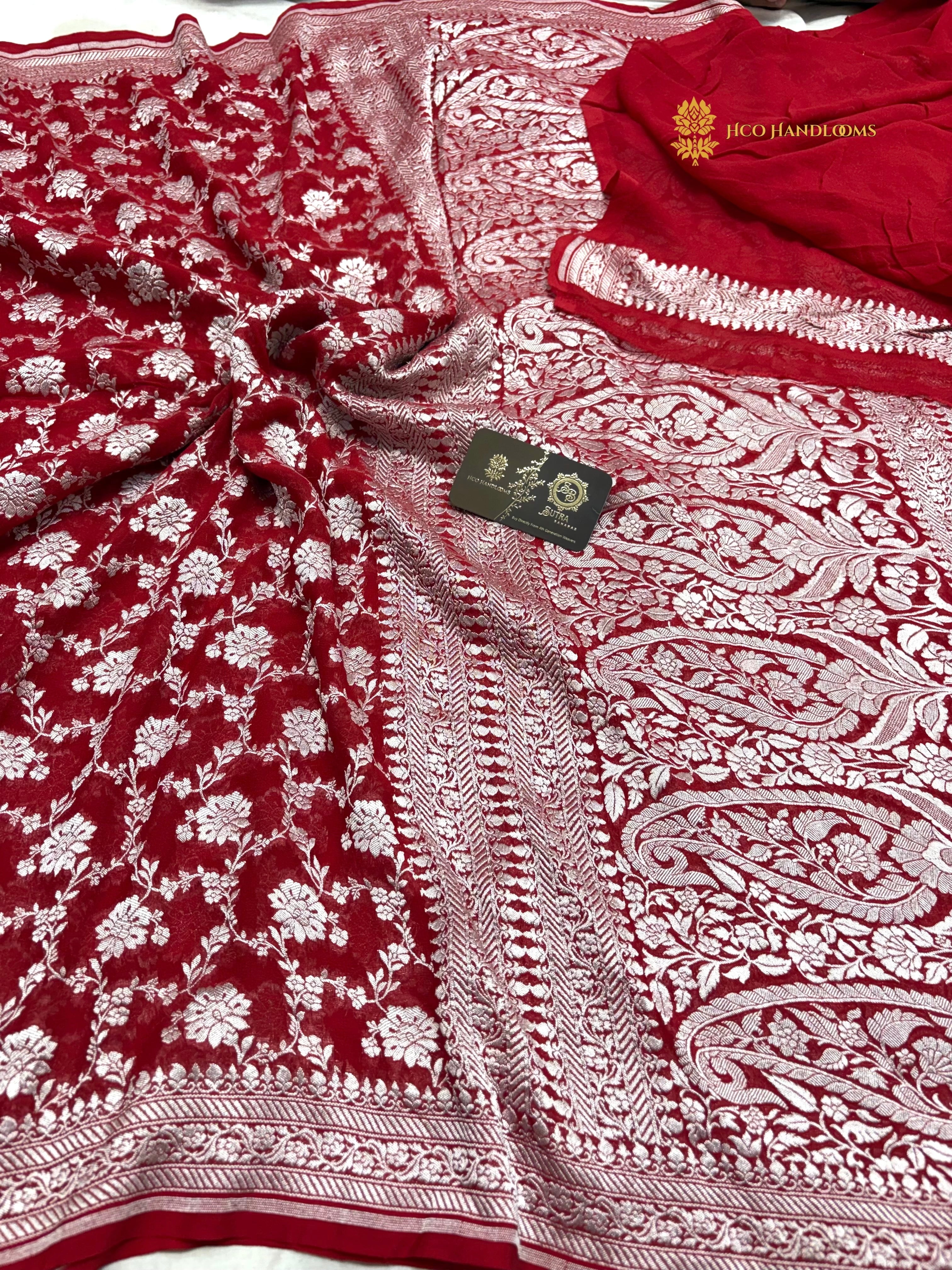 Red Pure Khaddi Georgette Silk Handloom Banarasi Saree - All Over Jaal