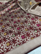 Maroon Pure Katan Silk Handloom Banarasi Saree - All Over Meenakari Brocade Jangla