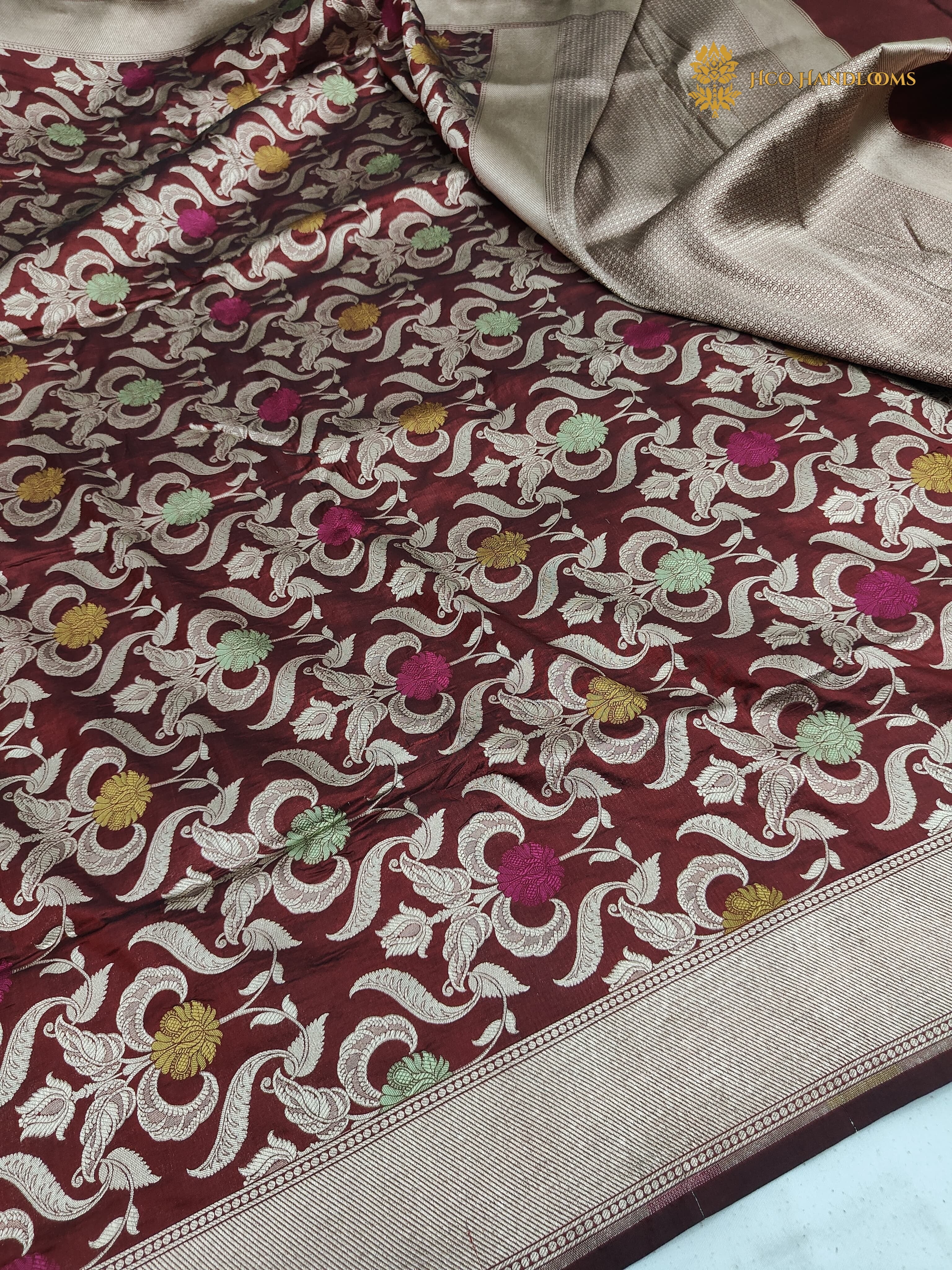 Maroon Pure Katan Silk Handloom Banarasi Saree - All Over Meenakari Brocade Jangla