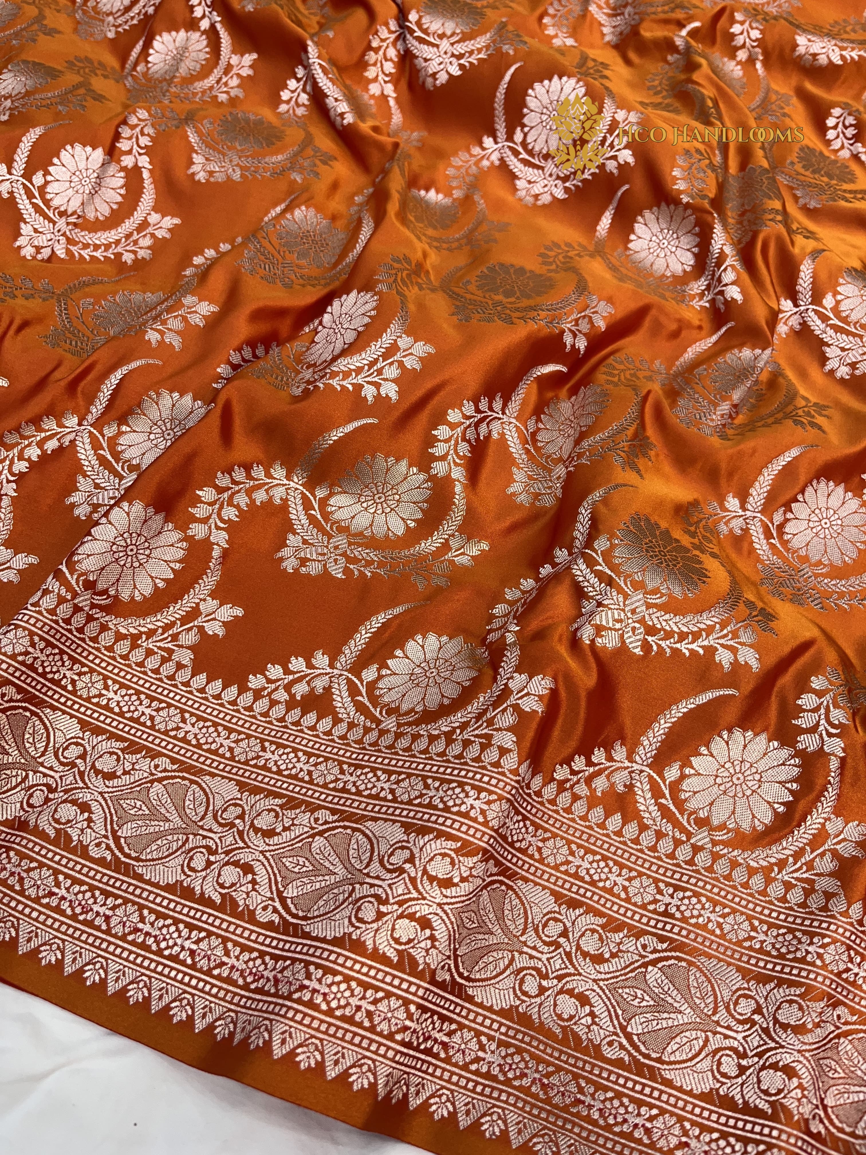 Orange Premium Mashru Katan Silk Banarasi Saree - All Over Jaal