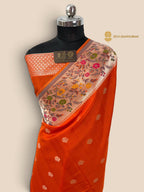 Orange Matka Tussar Silk Banarasi Saree - All Over Motifs & Paithani
