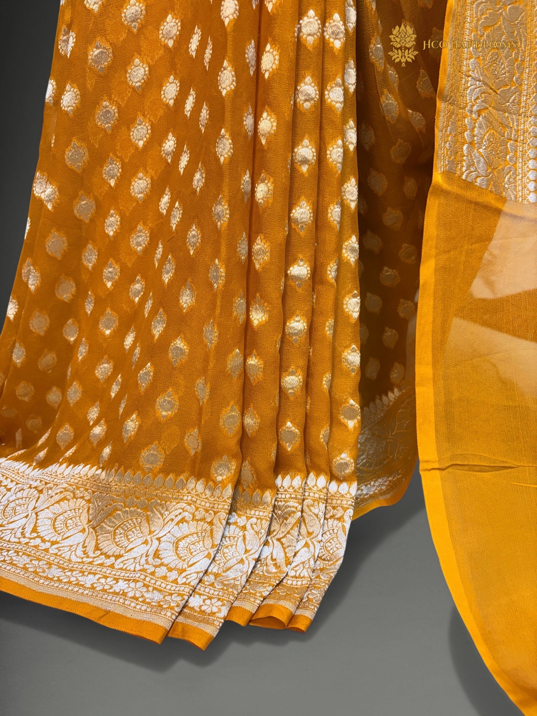 Gold Pure Khaddi Georgette Silk Handloom Banarasi Saree - Silver Zari