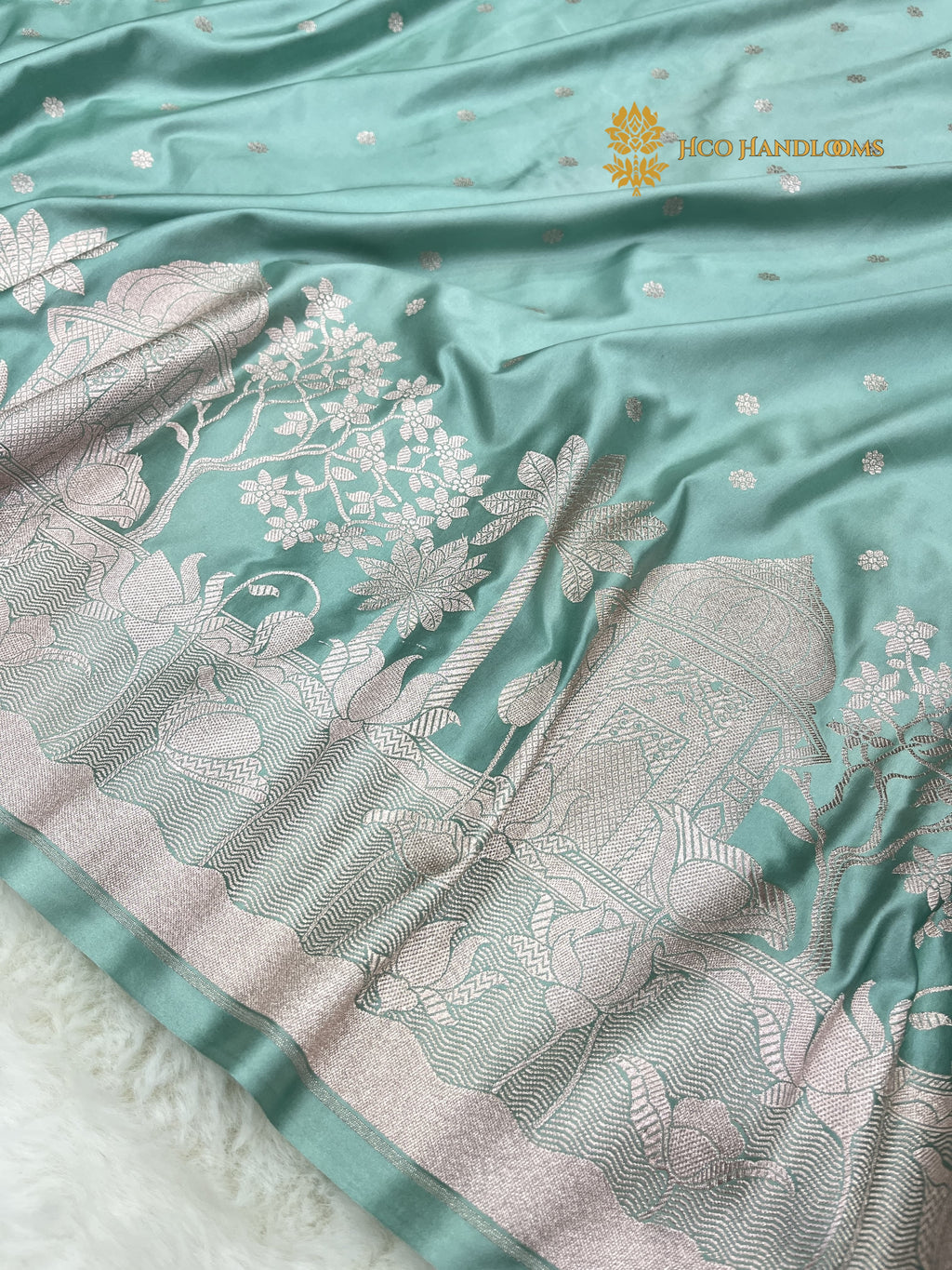 Light Blue Premium Mashru Katan Silk Banarasi Saree - All Over Dot Motifs And Beautiful Border