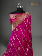 Regal Rani Pink Pure Katan Silk Handloom Banarasi saree - All Over Paisley Motifs With Stripes