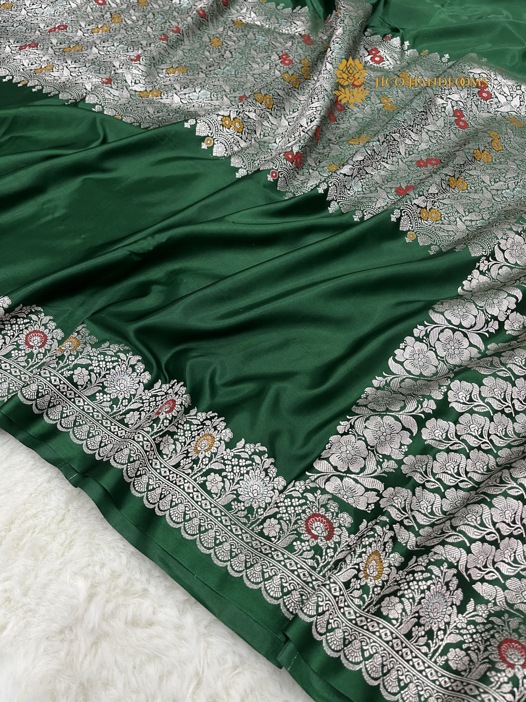 Green Premium Mashru katan Silk Banarasi Saree - All Over Meenakari Skirt