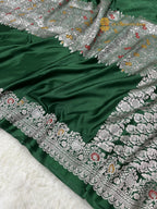 Green Premium Mashru katan Silk Banarasi Saree - All Over Meenakari Skirt