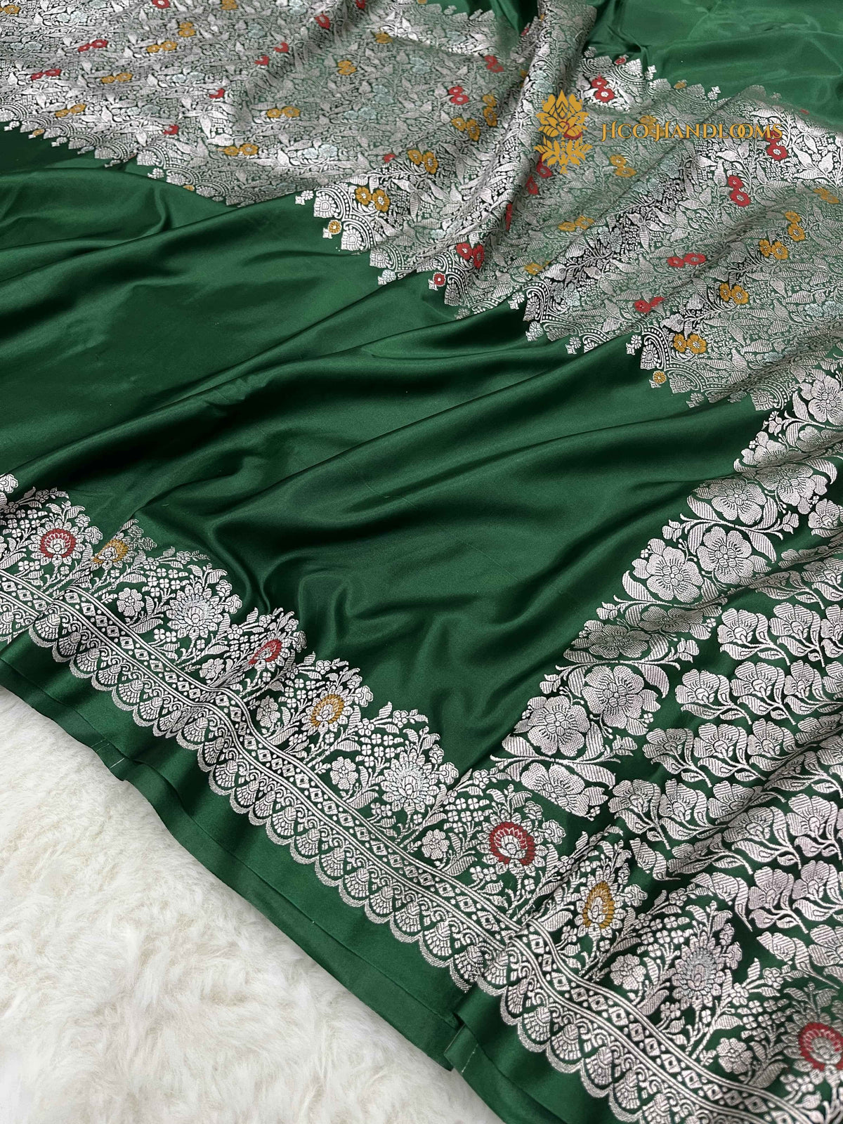 Green Premium Mashru katan Silk Banarasi Saree - All Over Meenakari Skirt