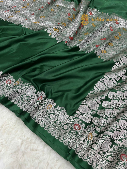 Green Premium Mashru katan Silk Banarasi Saree - All Over Meenakari Skirt