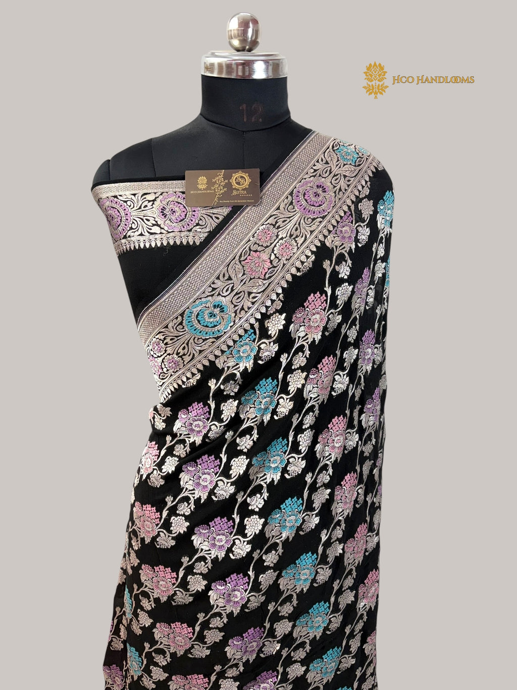 Black Pure Khaddi Georgette Silk Meenakari Handloom Banarasi Saree - Water Zari