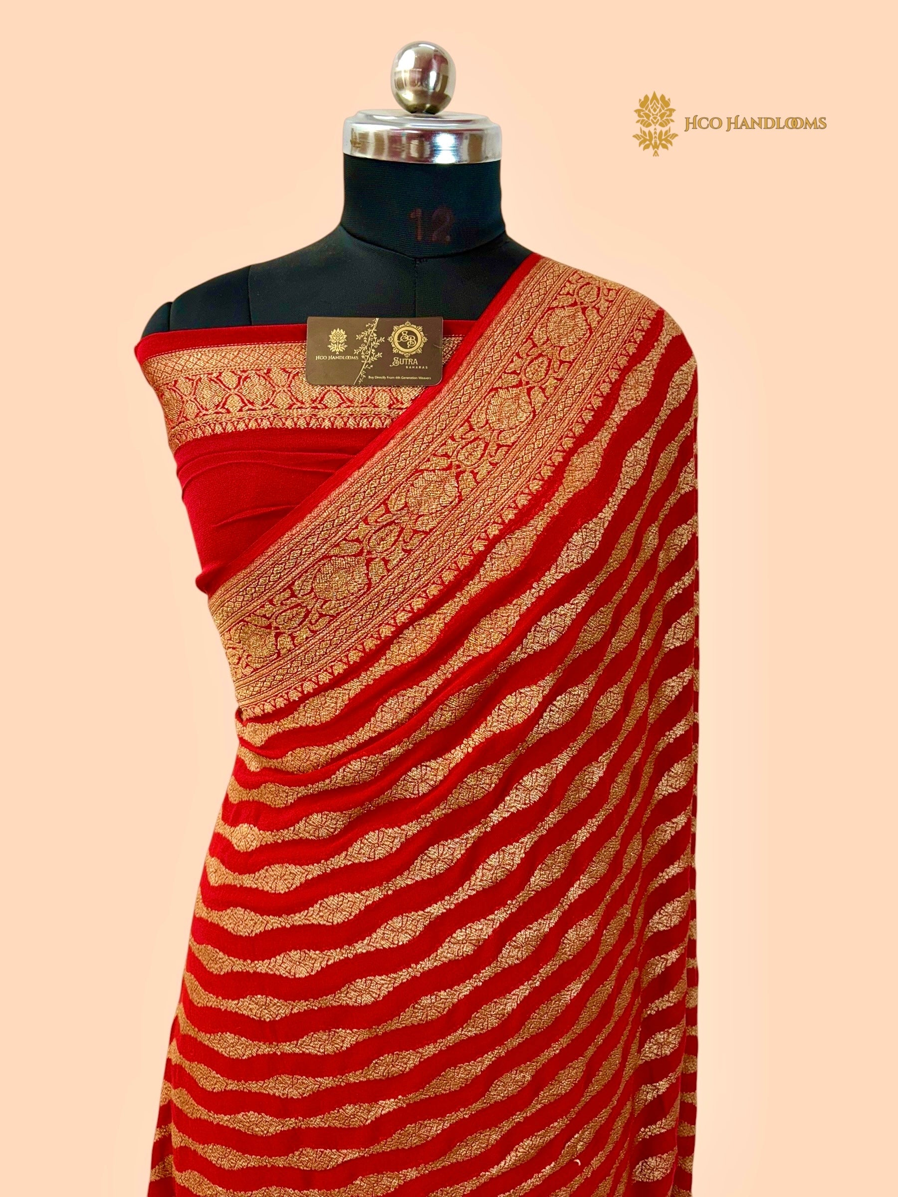 Red Pure Khaddi Georgette Silk Handloom Banarasi Saree