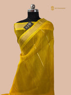 Regal Yellow Pure Kora Silk Handloom Banarasi Saree - All Over Stripes