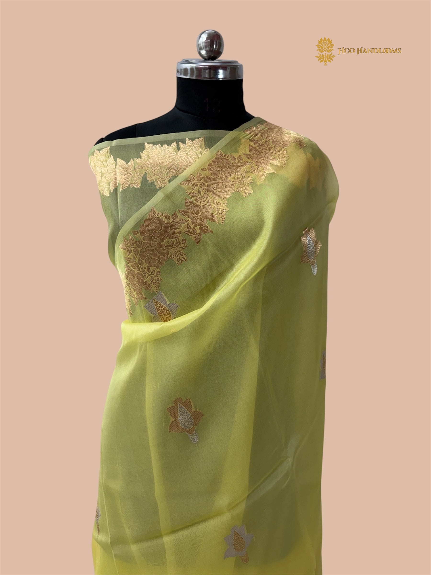 Fresh Lemon Pink Pure Kora Silk Handloom Banarasi Saree - All Over Sona & Roopa Kadua Motifs