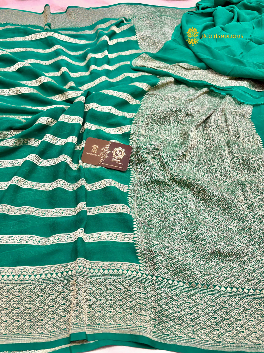 Green Pure Khaddi Georgette Silk Handloom Banarasi Saree