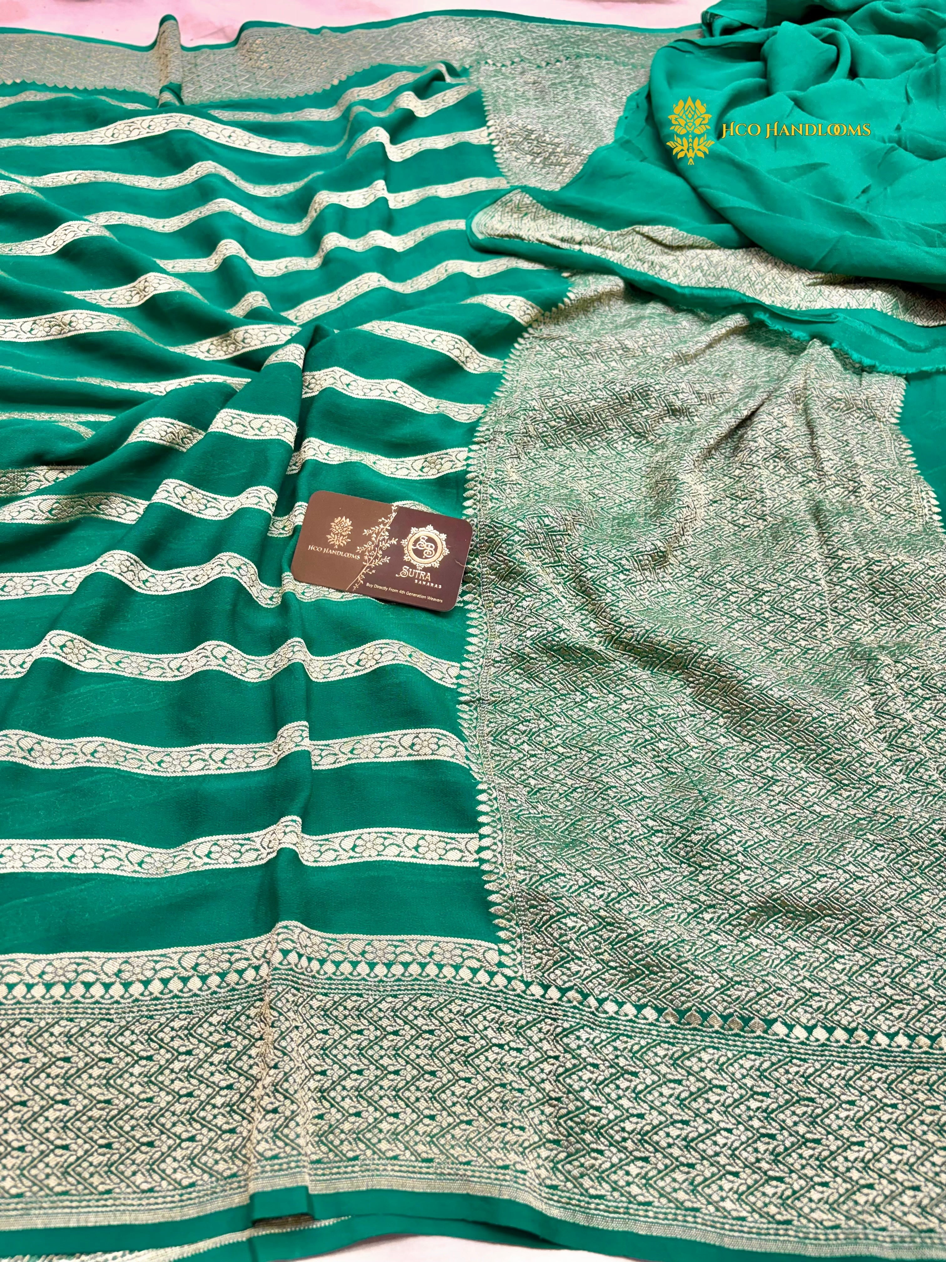 Green Pure Khaddi Georgette Silk Handloom Banarasi Saree