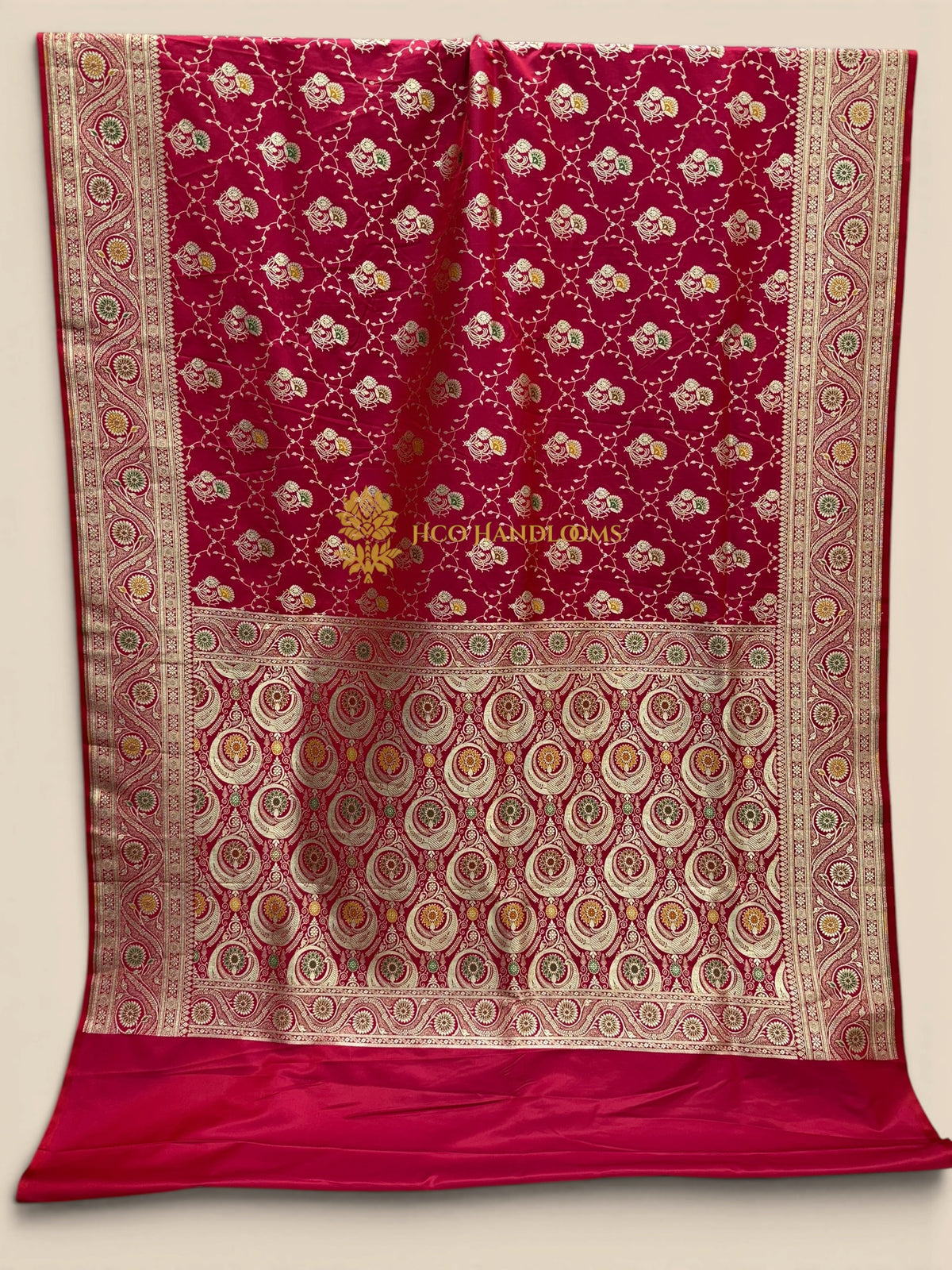 Cherry Red Mashru katan Satin Silk Banarasi Saree - Meenakari Jaal