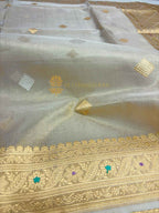 Pure Kora Tissue Silk Handloom Banarasi Saree - All Over Kadhua Motifs