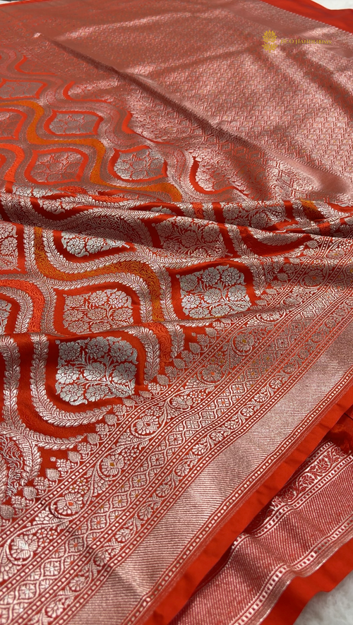 Orange Premium Mashru Katan Silk Banarasi Saree - All Over Jangla Design