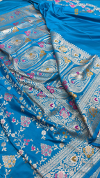 Regal Blue Premium Mashru Katan Silk Banarasi Saree - All Over Meenakari Jangla