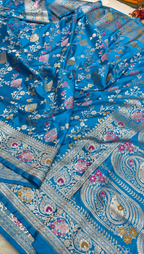 Regal Blue Premium Mashru Katan Silk Banarasi Saree - All Over Meenakari Jangla