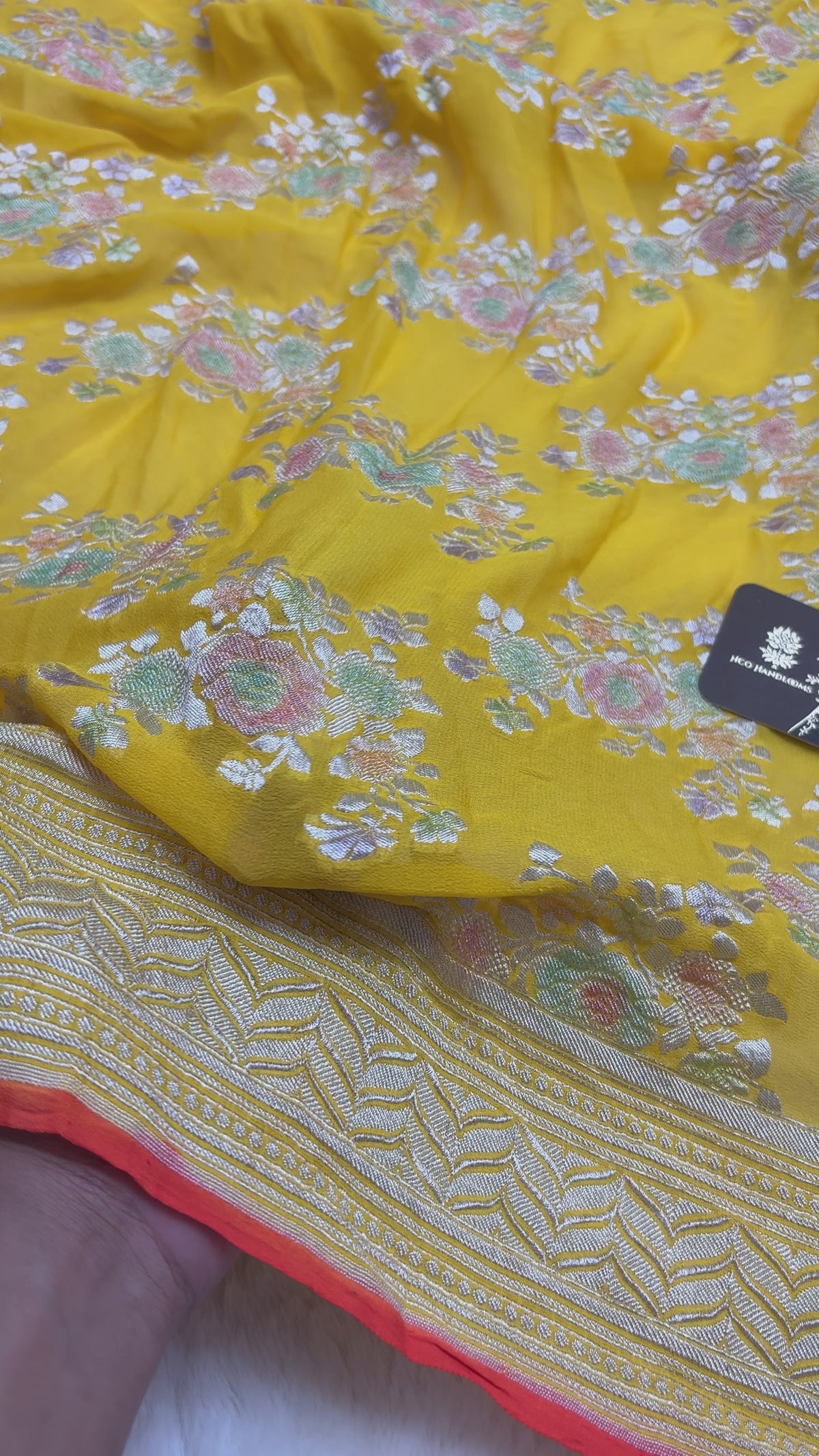 Yellow Pure Khaddi Georgette Silk handloom Banarasi Saree - Water Zari