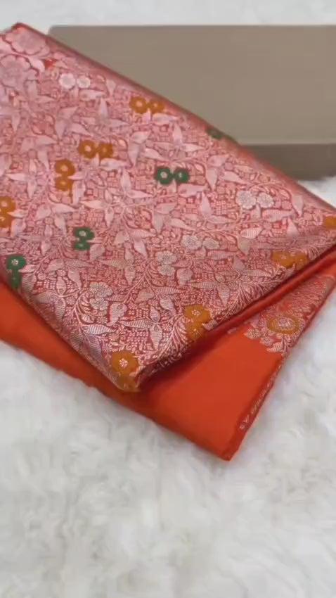 Orange Premium Mashru katan Silk Banarasi Saree - All Over Meenakari Skirt