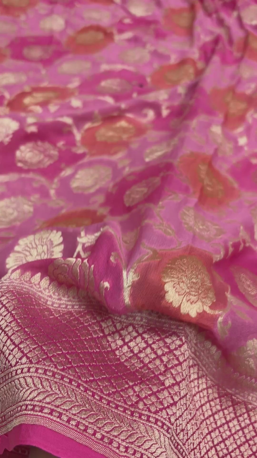Pink Pure Khaddi Georgette Silk  Rangkat Handloom Banarasi Saree - Water Zari