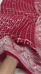 Red Pure Khaddi Georgette Silk handloom Banarasi Saree - Water Zari