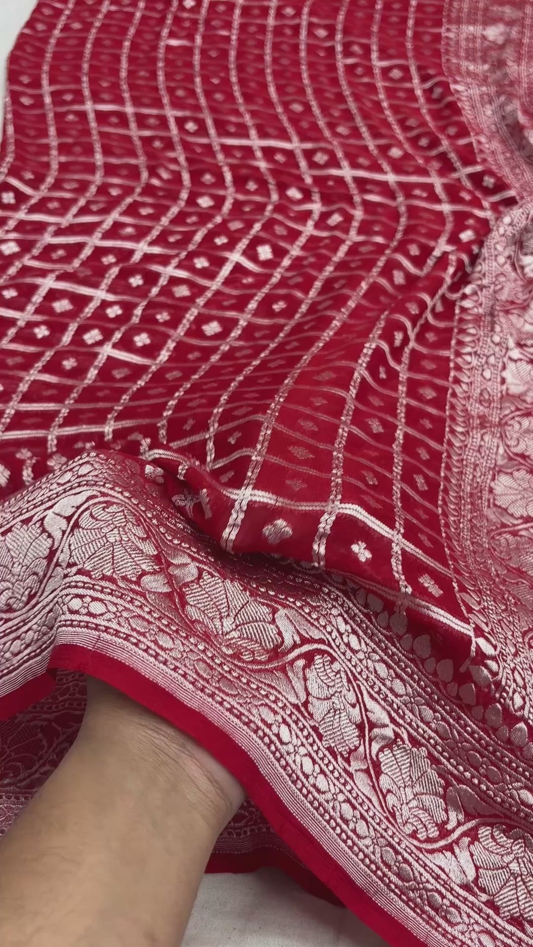Red Pure Khaddi Georgette Silk handloom Banarasi Saree - Water Zari