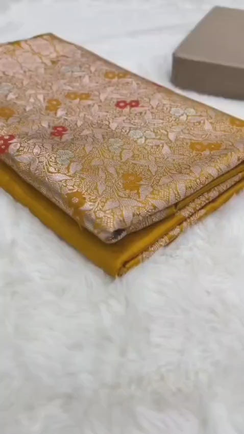 Gold Premium Mashru katan Silk Banarasi Saree - All Over Meenakari Skirt