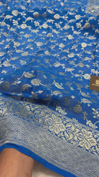 Blue Pure Khaddi Georgette Silk handloom Banarasi Saree - Silver Zari