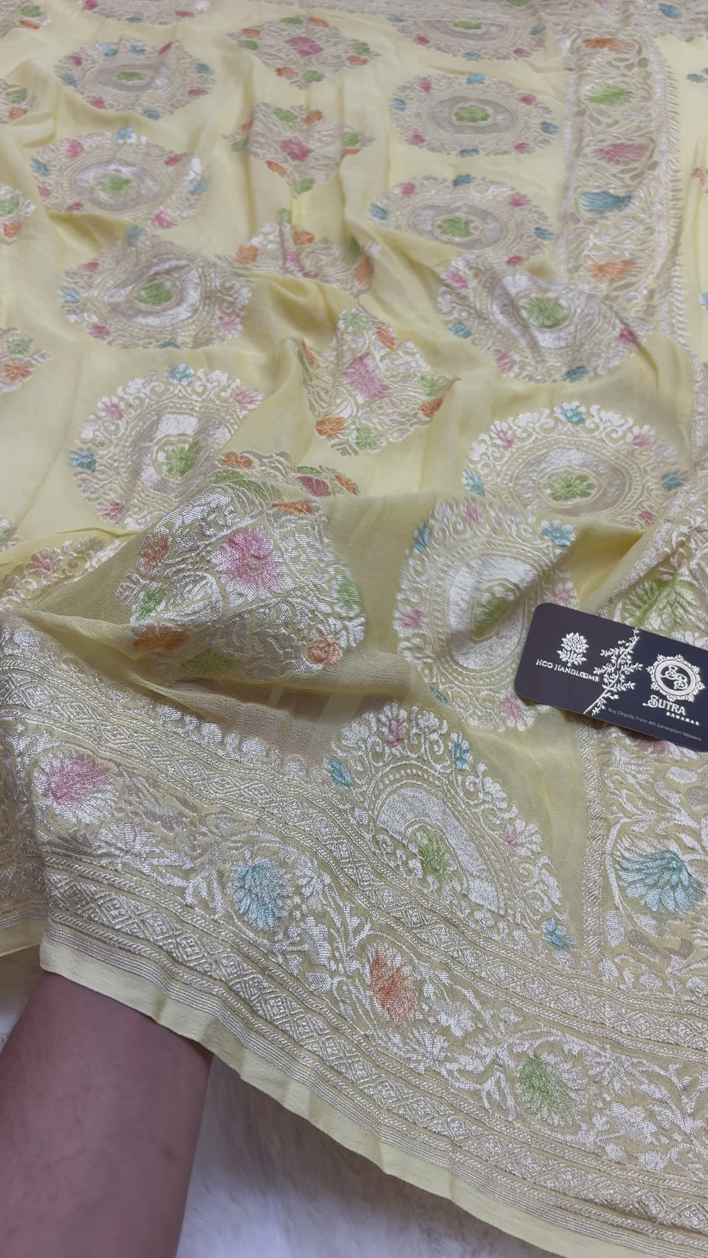 Yellow Pure Khaddi Georgette Silk handloom Banarasi Saree - Water Zari