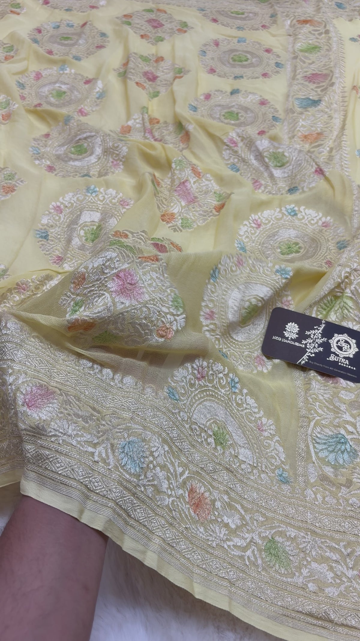 Yellow Pure Khaddi Georgette Silk handloom Banarasi Saree - Water Zari