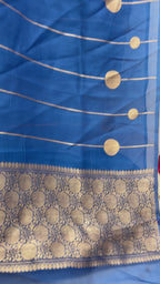 Regal Blue Pure Kora Silk Handloom Banarasi Saree - All Over Stripes