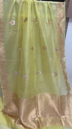 Fresh Lemon Pink Pure Kora Silk Handloom Banarasi Saree - All Over Sona & Roopa Kadua Motifs