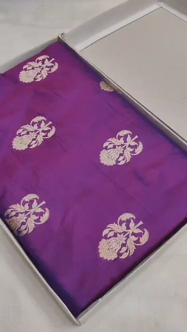 Regal Purple Pure Katan Silk Handloom Banarasi Saree - All Over Floral Motifs