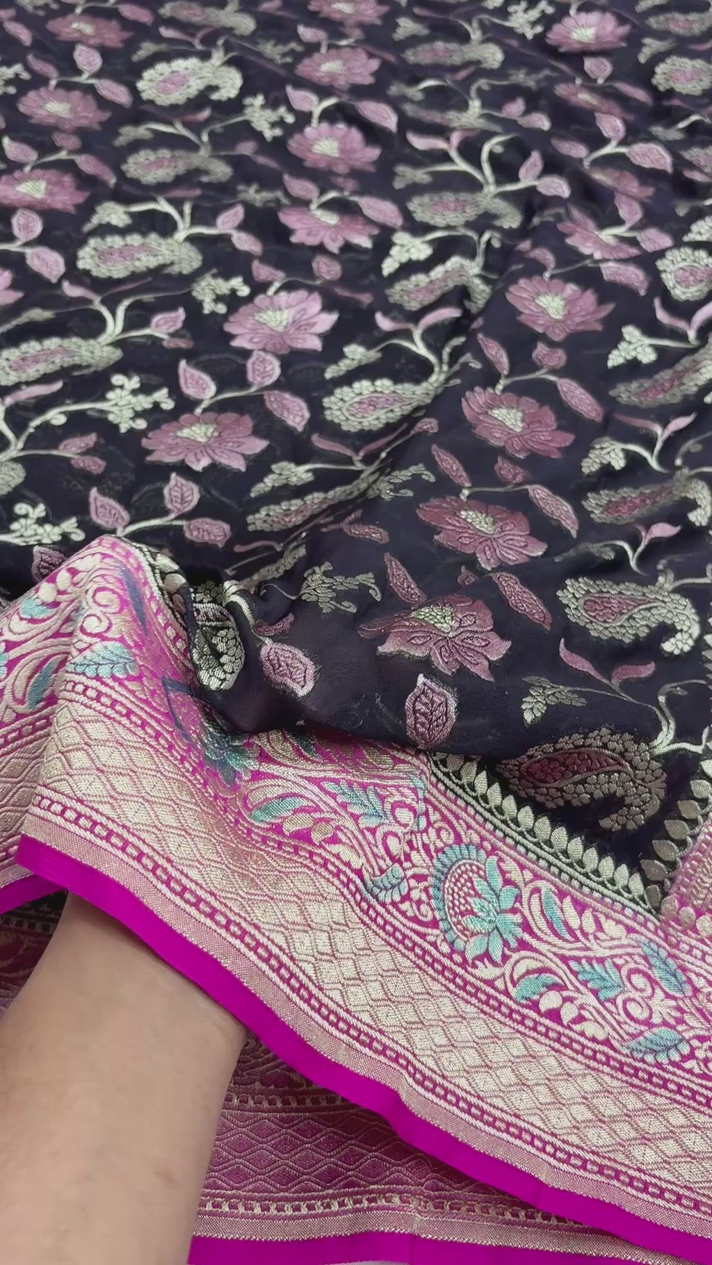 Black Contrast Pure Khaddi Georgette Silk Meenakari Handloom Banarasi Saree - Water Zari