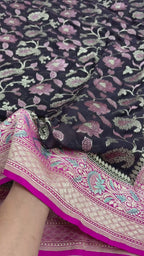 Black Contrast Pure Khaddi Georgette Silk Meenakari Handloom Banarasi Saree - Water Zari
