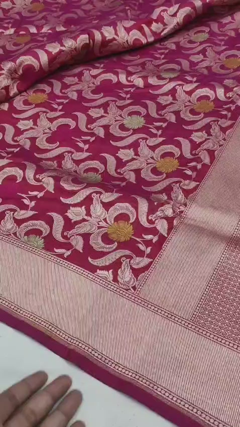 Rani Pink Pure Katan Silk Handloom Banarasi Saree - All Over Meenakari Brocade Jangla
