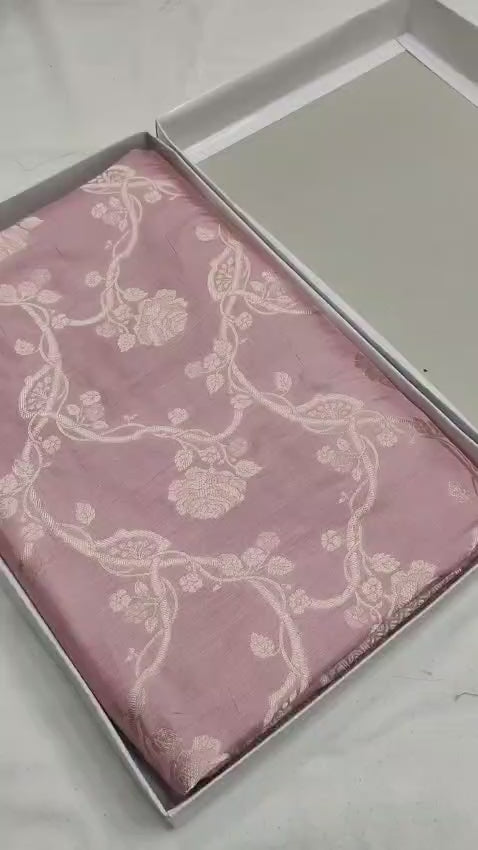 Pastel Pink Pure Katan Silk Handloom Banarasi Saree - All Over Floral Vines
