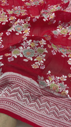 Red Pure Khaddi Georgette Silk handloom Banarasi Saree - Water Zari