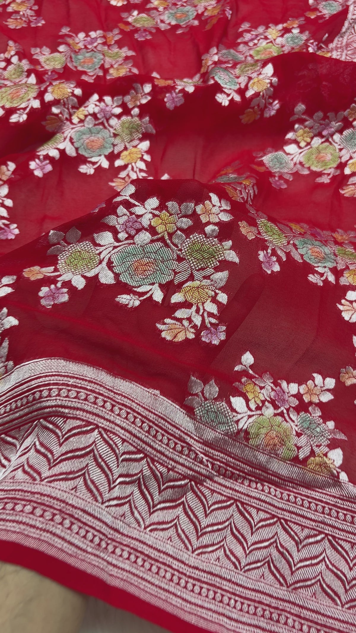 Red Pure Khaddi Georgette Silk handloom Banarasi Saree - Water Zari