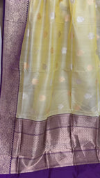 Yellow & Purple Pure Kora Silk Handloom Banarasi Saree - All Over Kadua Motifs