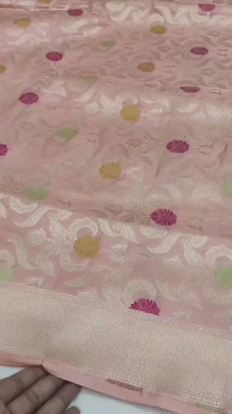 Peach Pure Katan Silk Handloom Banarasi Saree - All Over Meenakari Brocade Jangla