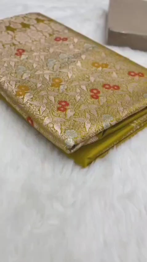 Pista Green Premium Mashru katan Silk Banarasi Saree - All Over Meenakari Skirt